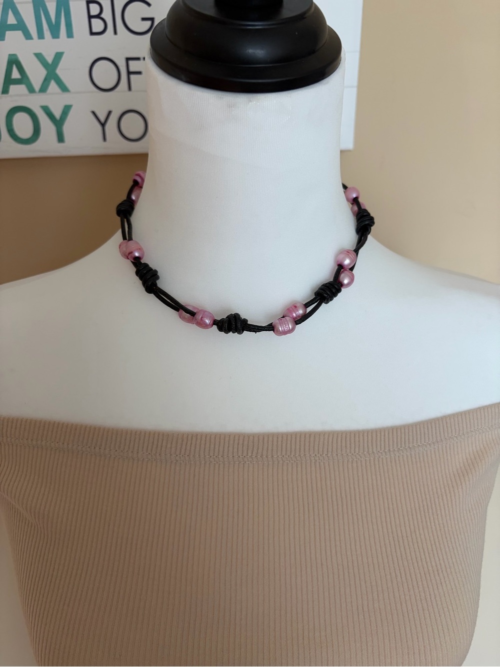 Pink Pearl Choker Necklace on Black Leather Cord